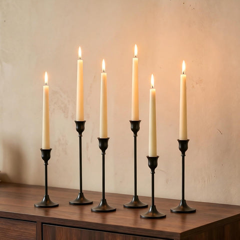 NUPTIO front view of six black candlestick holders showing elegant set benefits