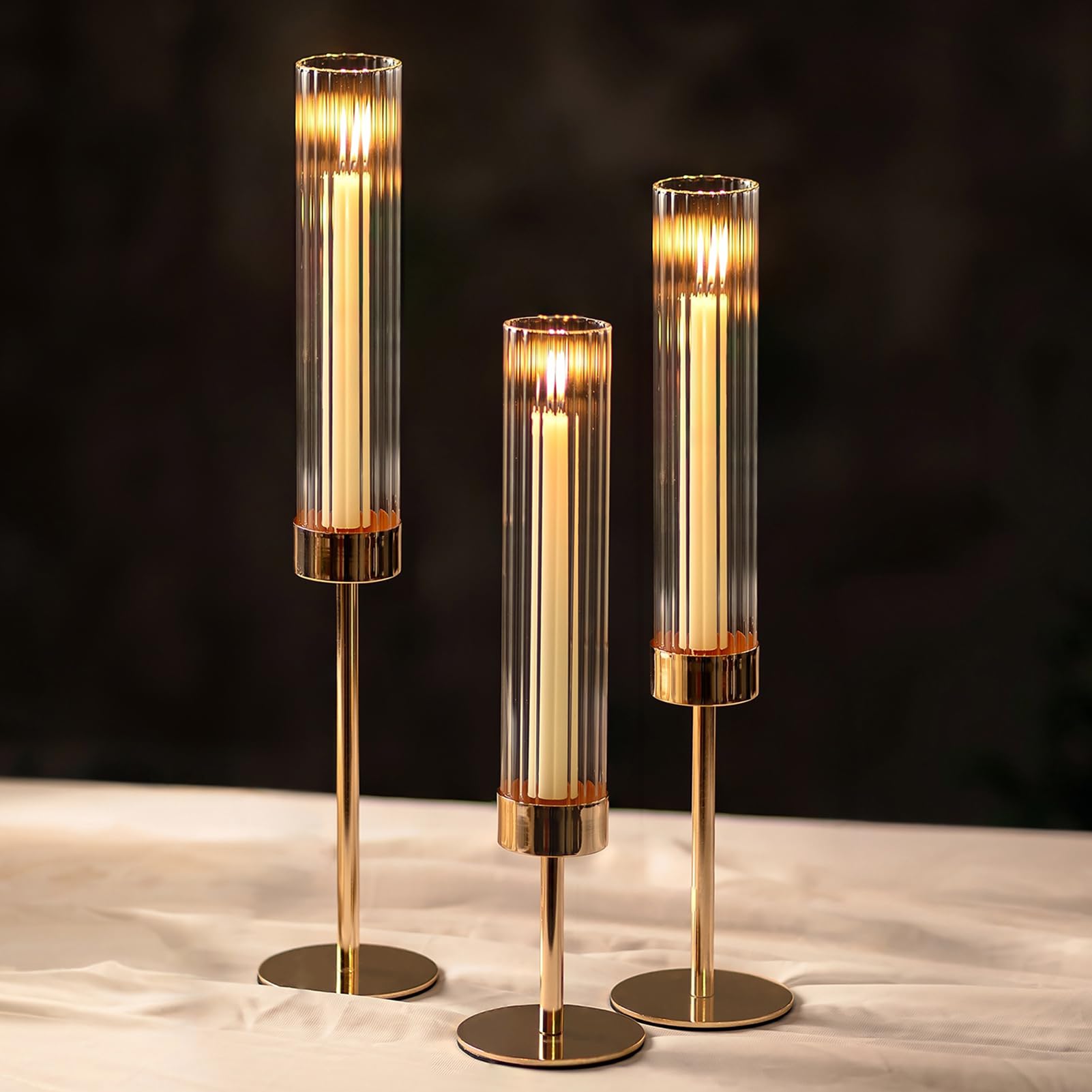 NUPTIO front view of three gold holders showing elegant centerpiece benefit