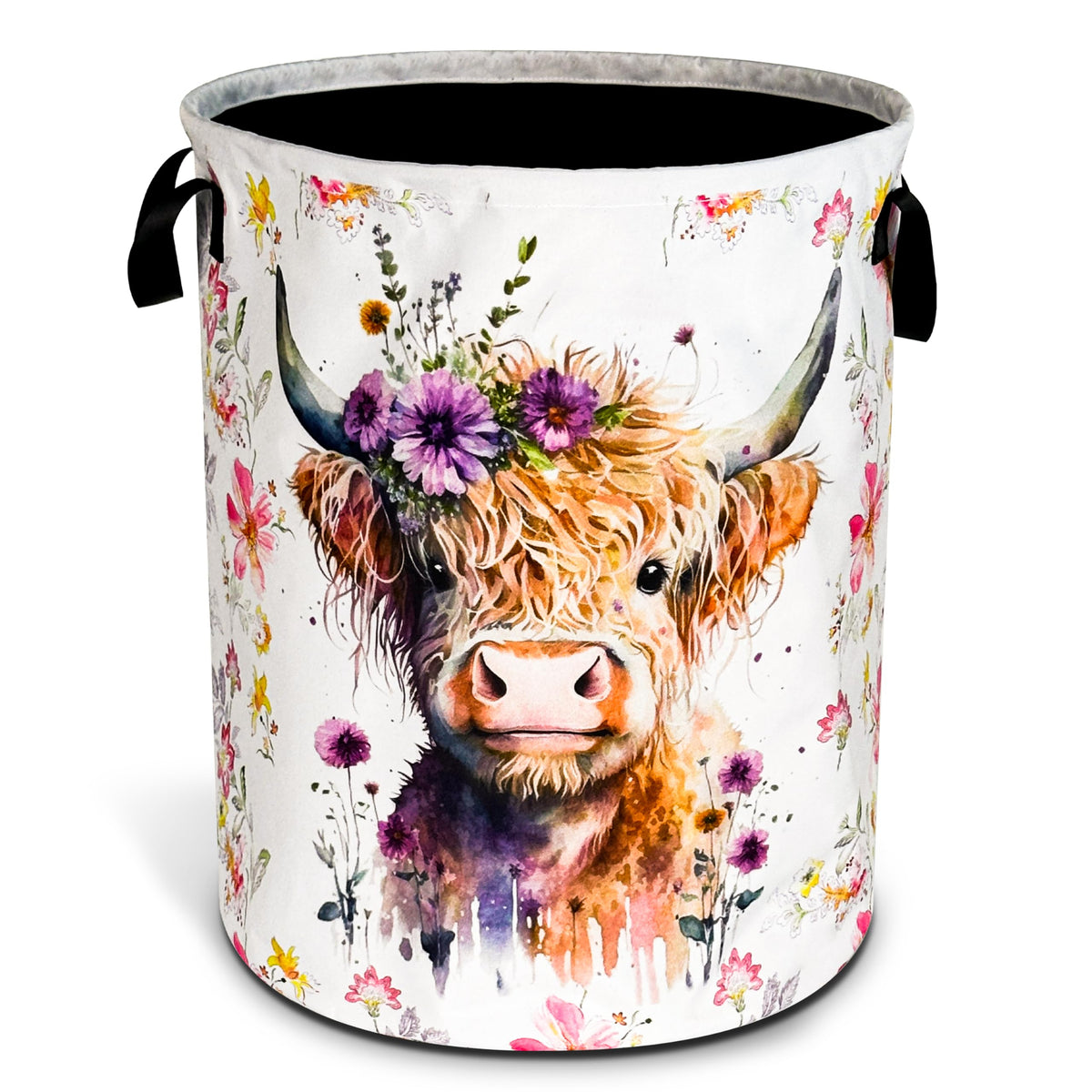 NUTAINLA front view of highland cow laundry basket showing playful print and capacity
