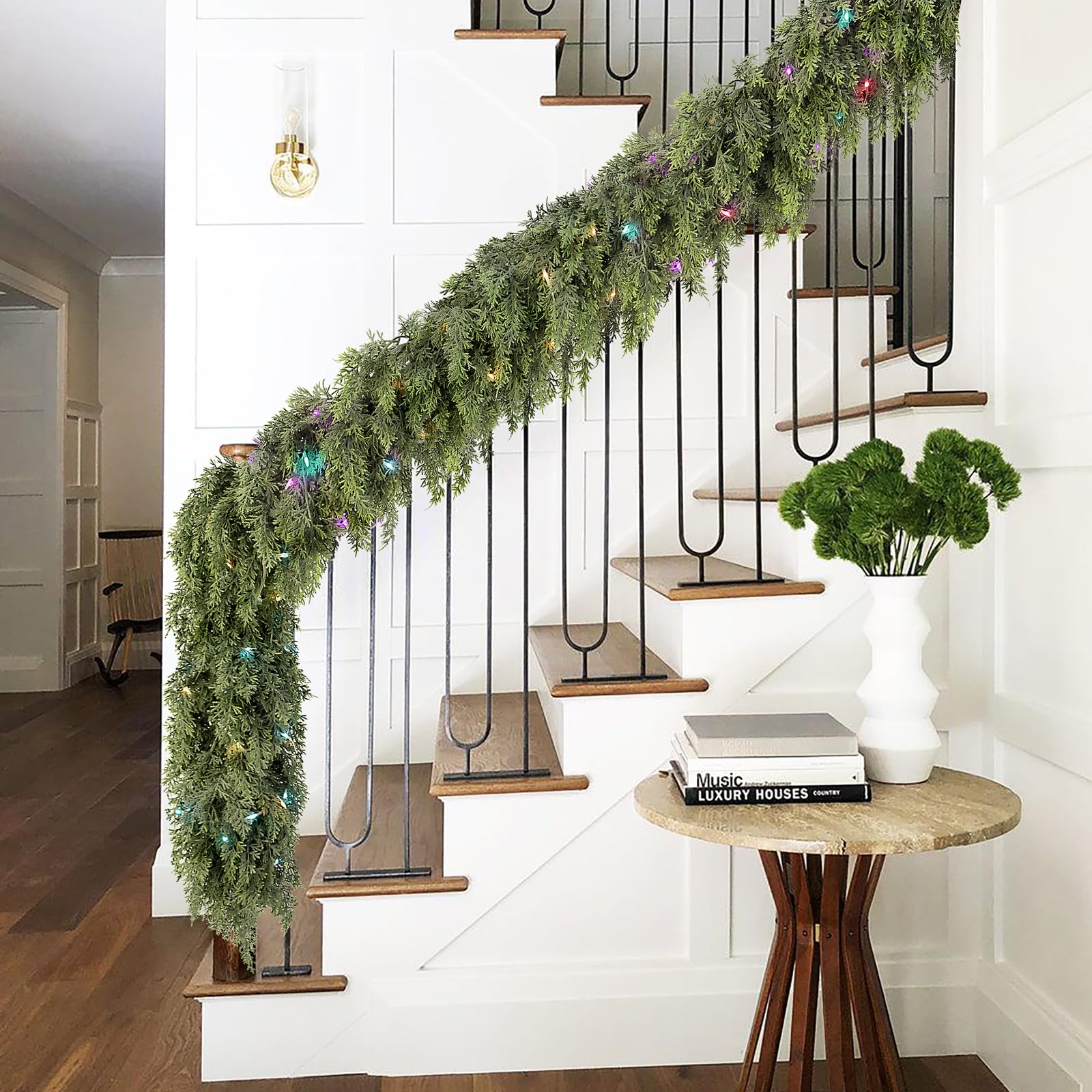 NUTIKAS garland wrapped on a stair railing for elegant staircase decor