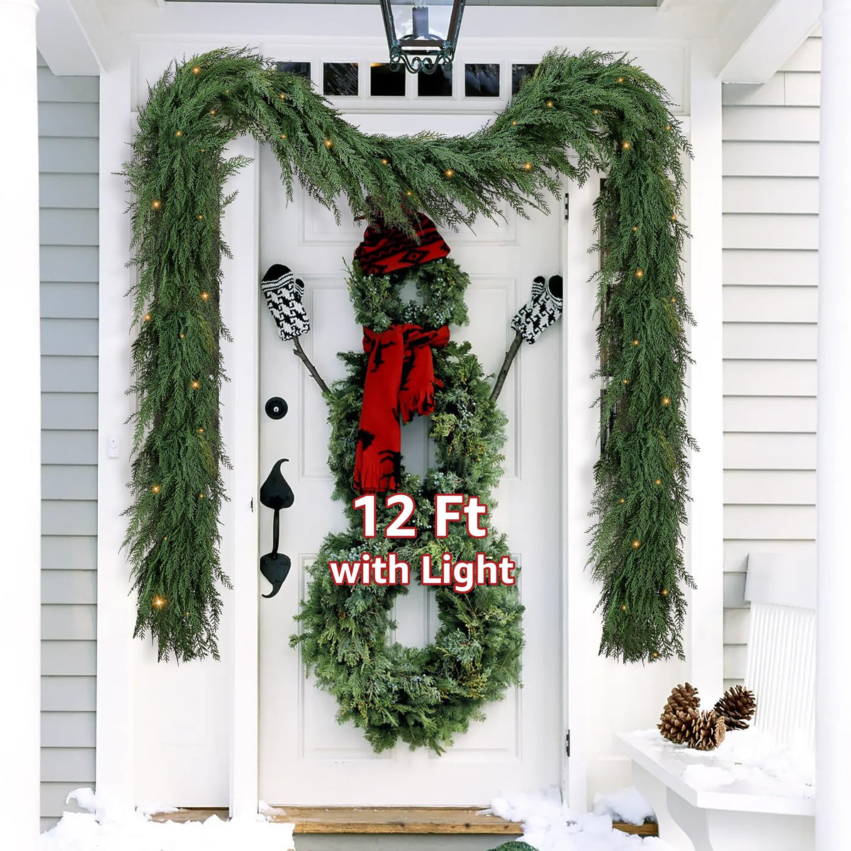 NUTIKAS front view of 12ft garland on a mantel showing full festive coverage