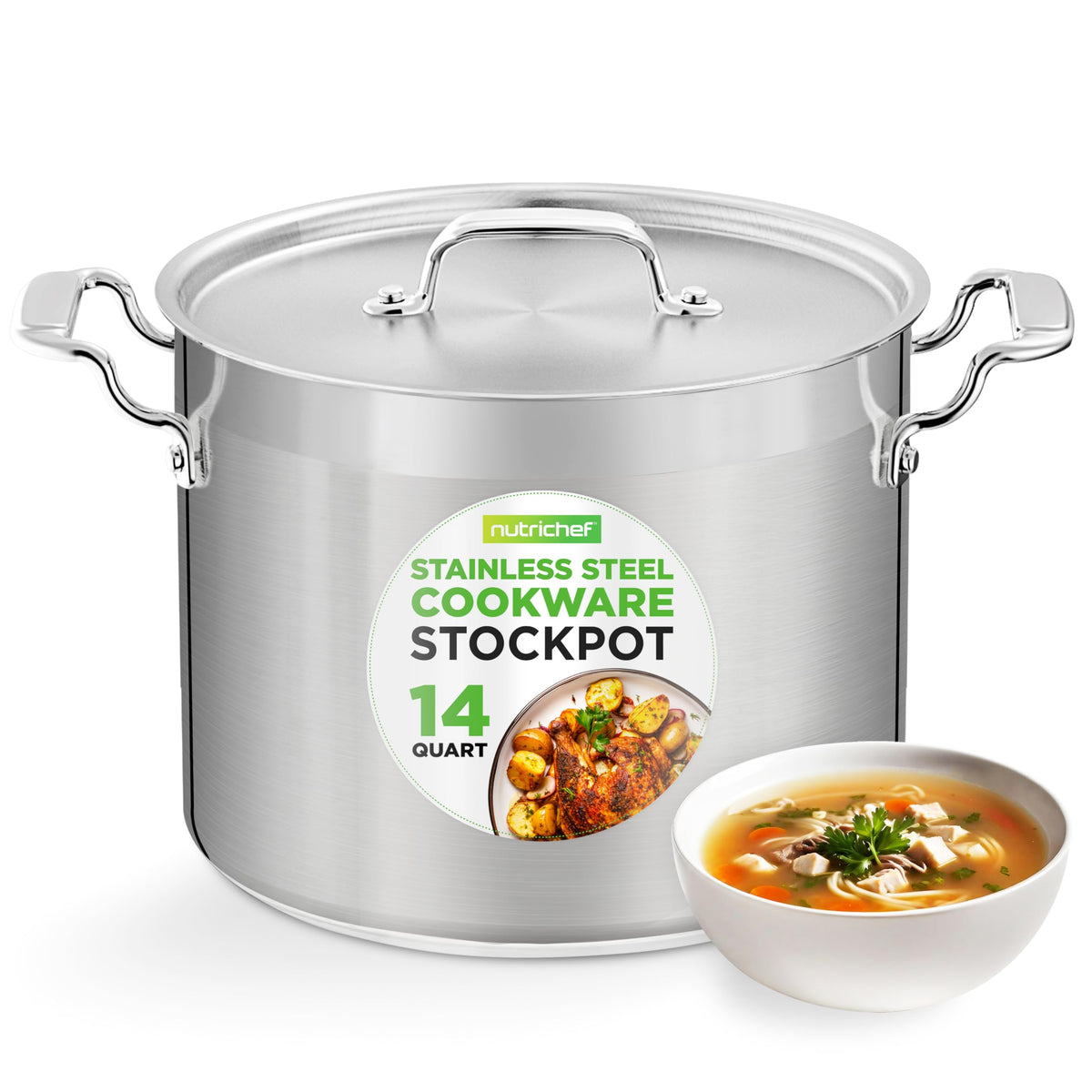 NutriChef front view showing full 14 quart pot and lid, durable capacity benefit