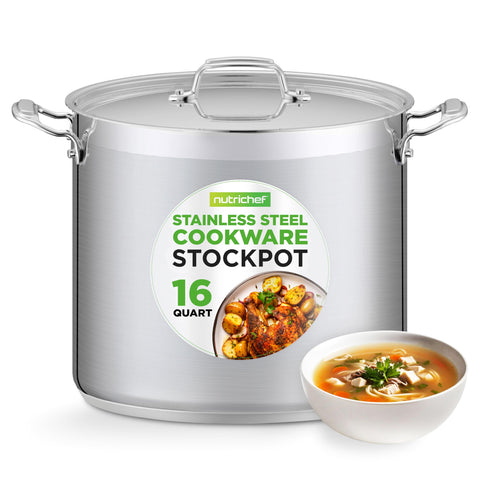 NutriChef front view of 16-quart stockpot showing full capacity and polished finish