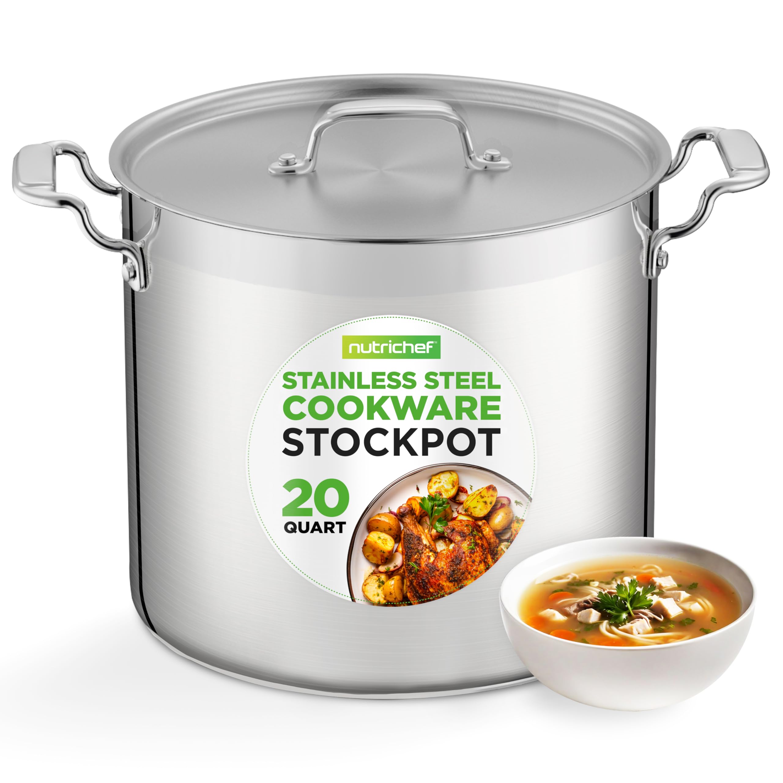 NutriChef front view of 20 quart stockpot showing full capacity and polished finish