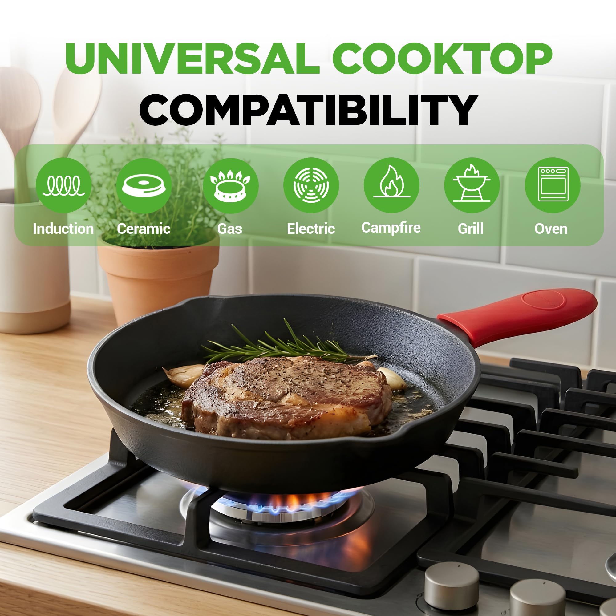 NutriChef flat lay of 8, 10, 12 inch skillets displaying size range and stacking convenience