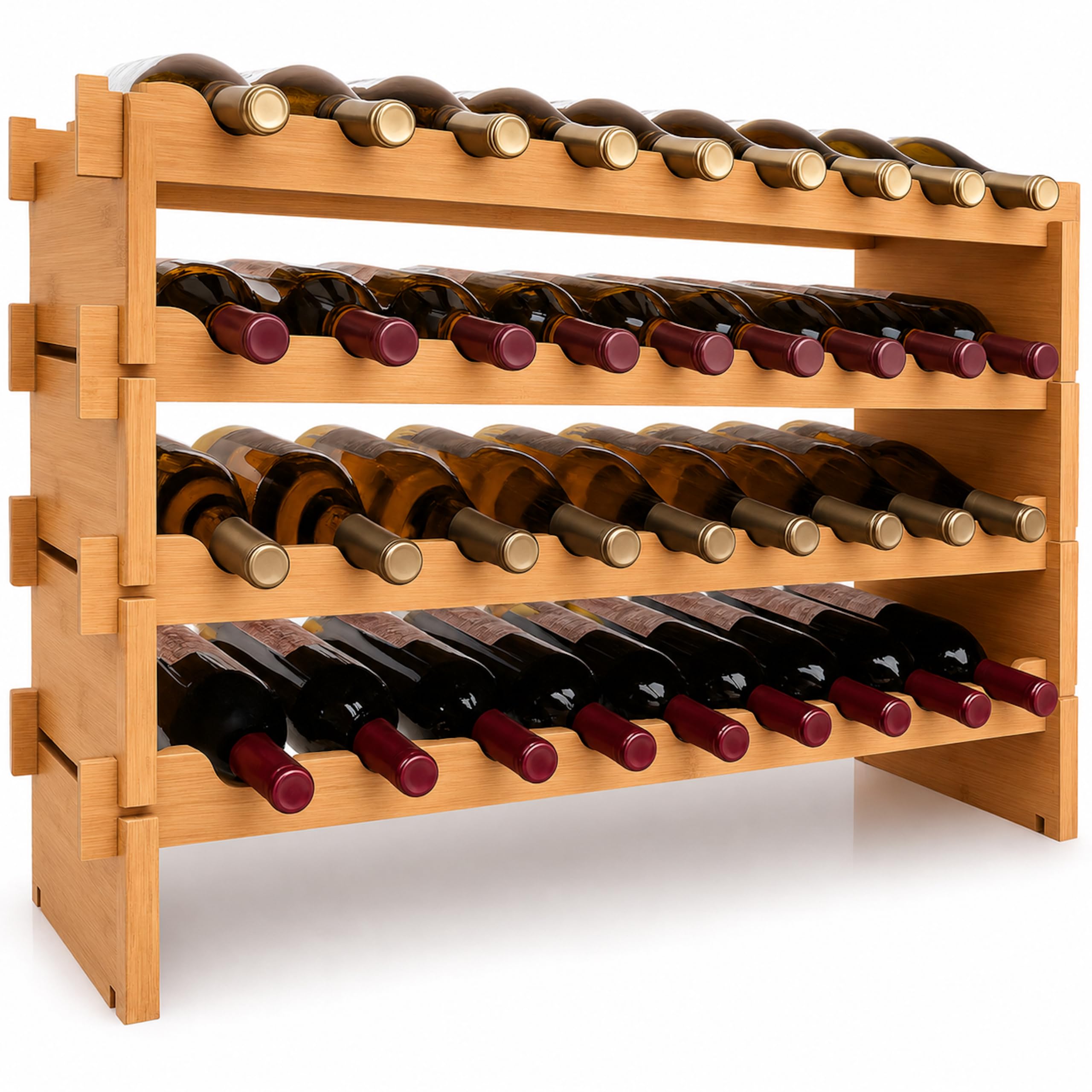 NutriChef bamboo wine rack front view shows organized bottle storage and visual appeal