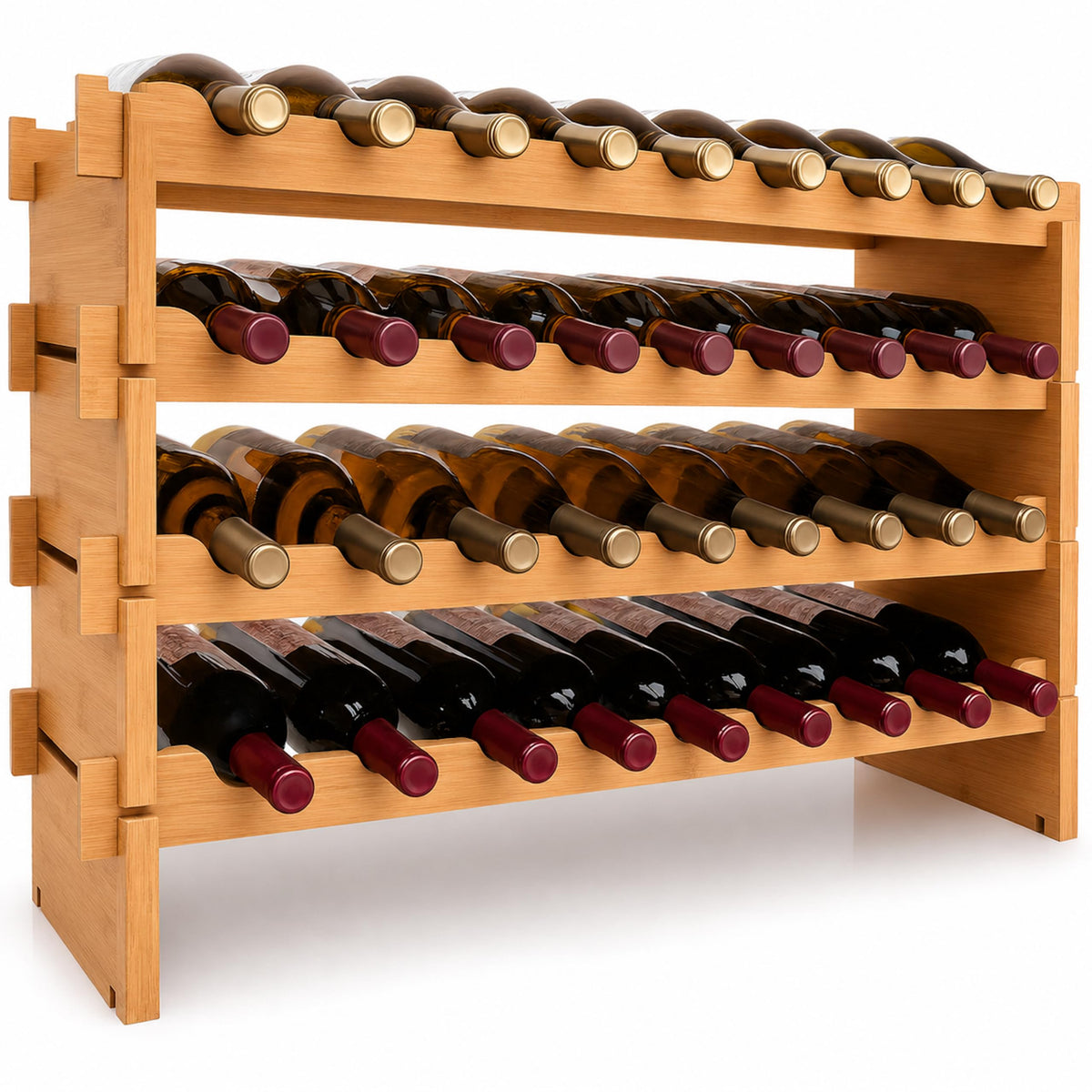 NutriChef bamboo wine rack front view shows organized bottle storage and visual appeal