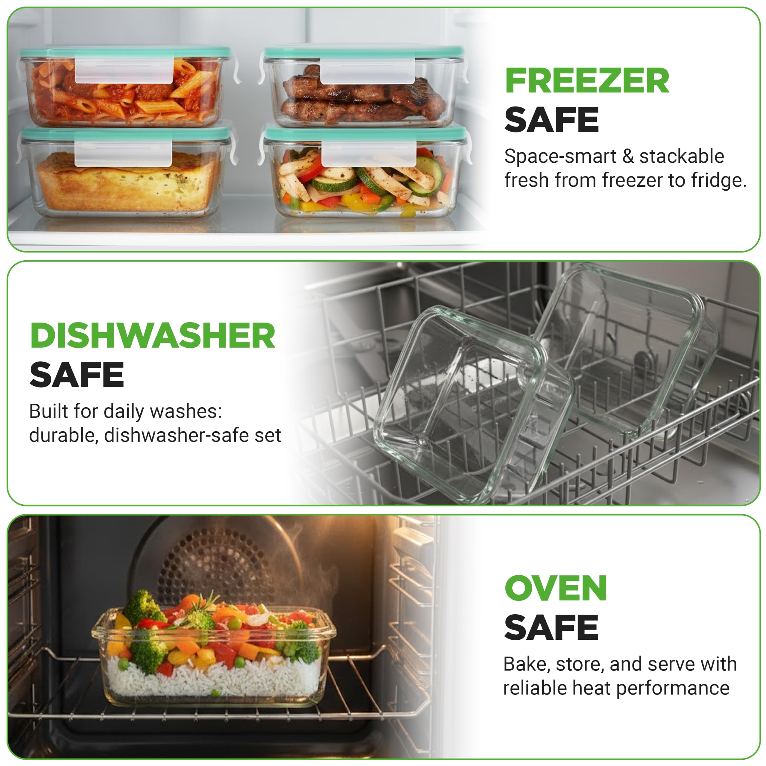 NutriChef glass container in oven illustrating safe freezer-to-oven reheating convenience