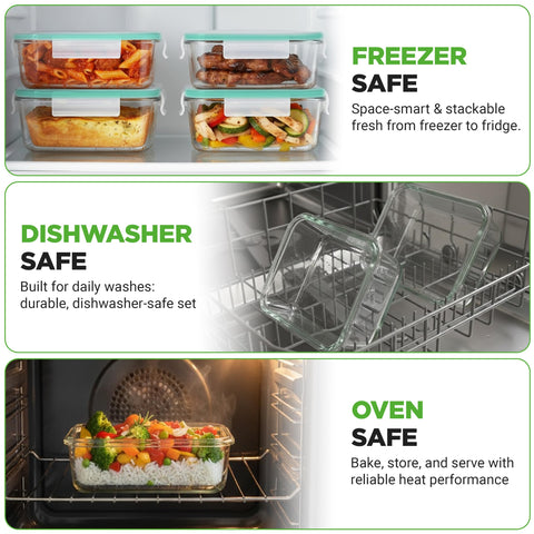 NutriChef glass container in oven illustrating safe freezer-to-oven reheating convenience