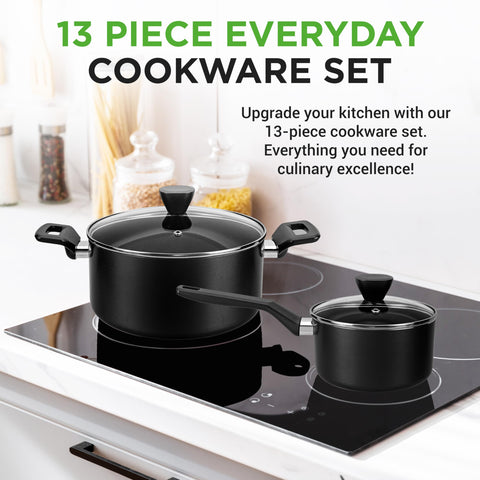 NutriChef cookware contents laid out to display every pan and lid easily