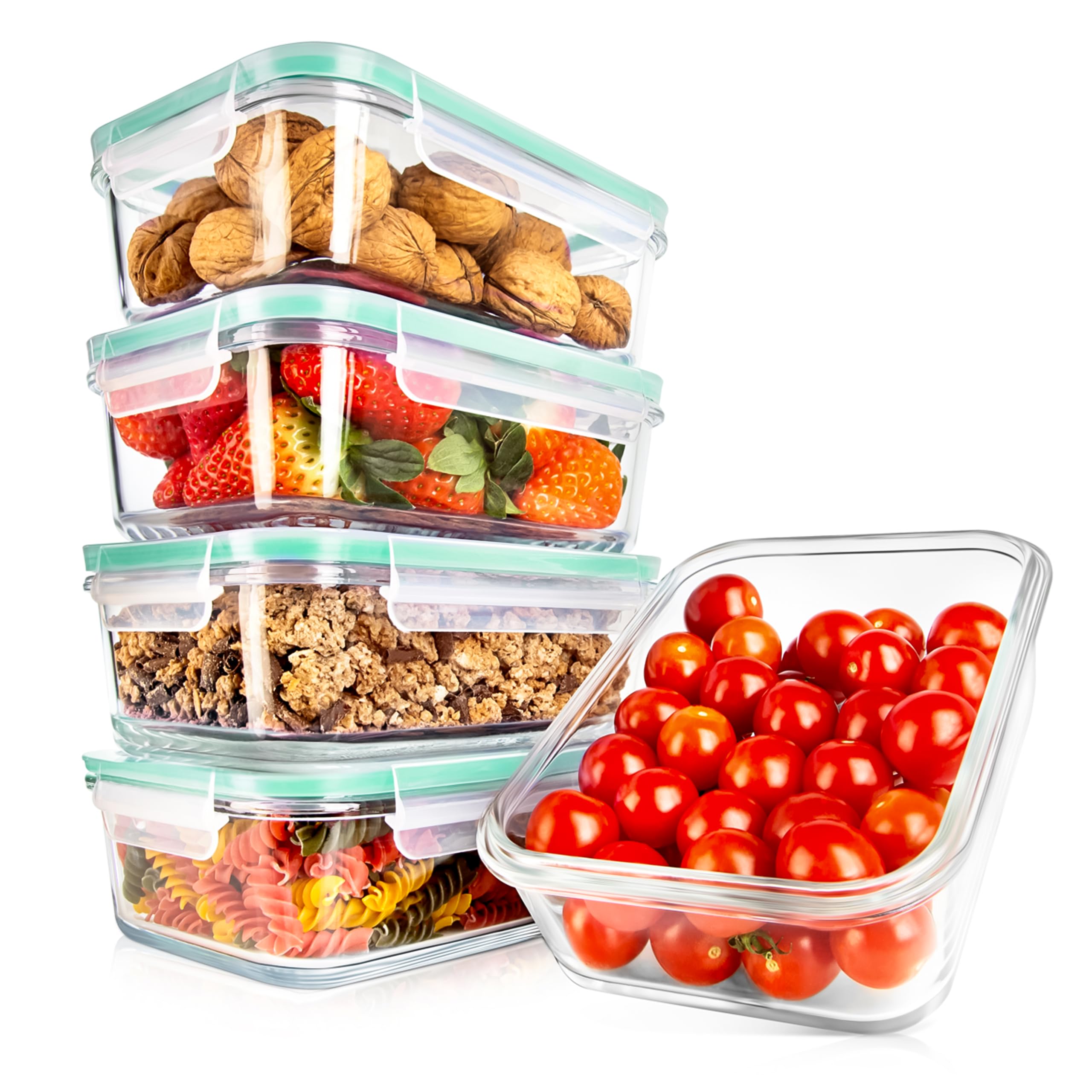 NutriChef front view of 30oz glass container set showing airtight lids and compact packaging benefit