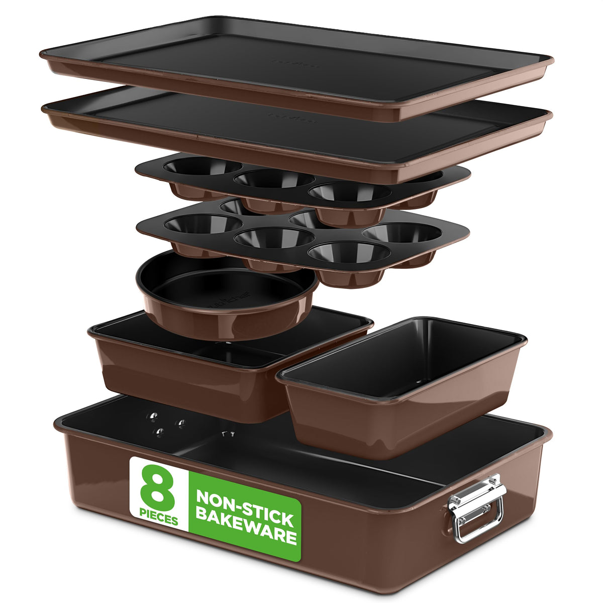NutriChef front view of full 8-piece bakeware set showing organized pieces and compact storage benefit