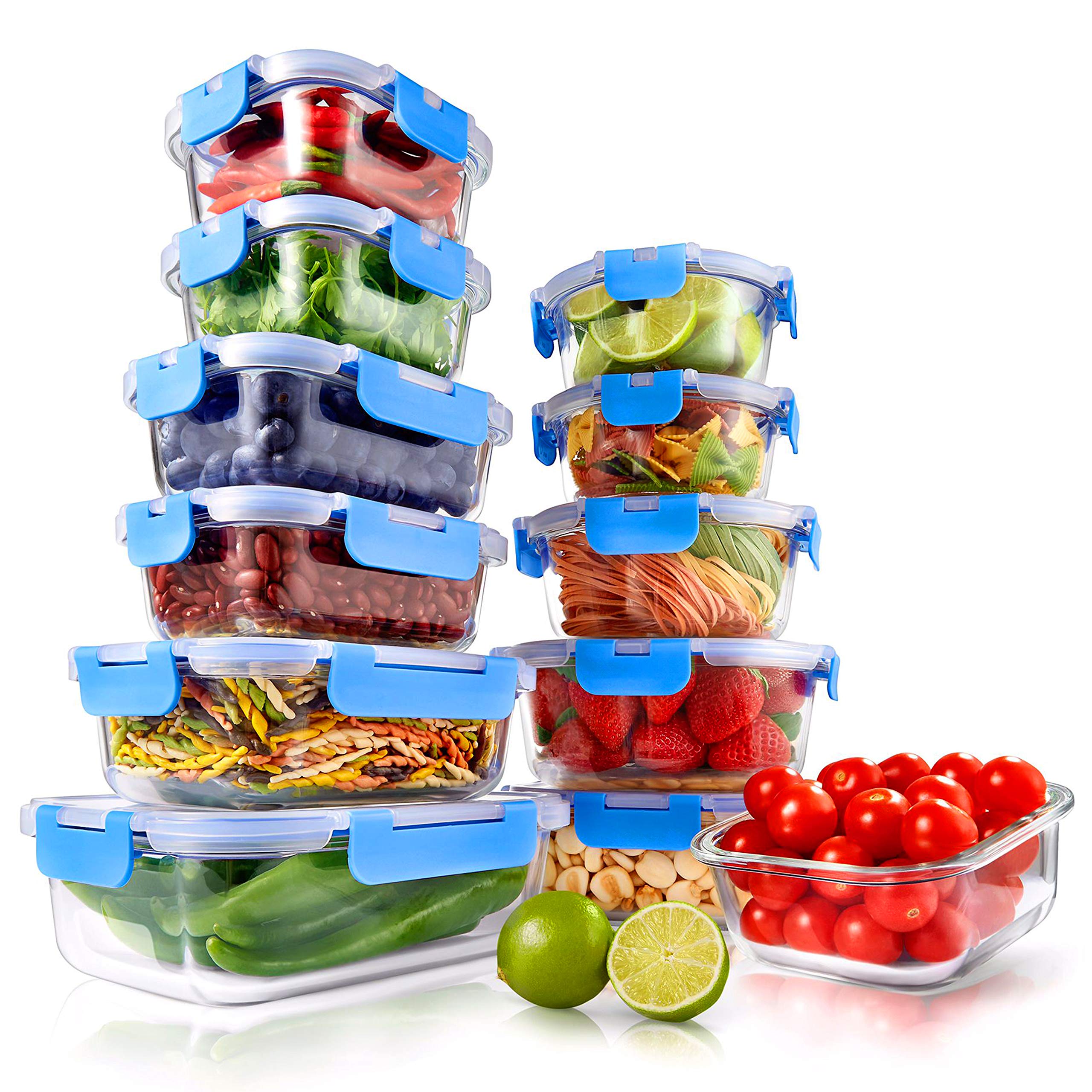 NutriChef front view showing blue hinged lids and full 24-piece set benefit easy identification