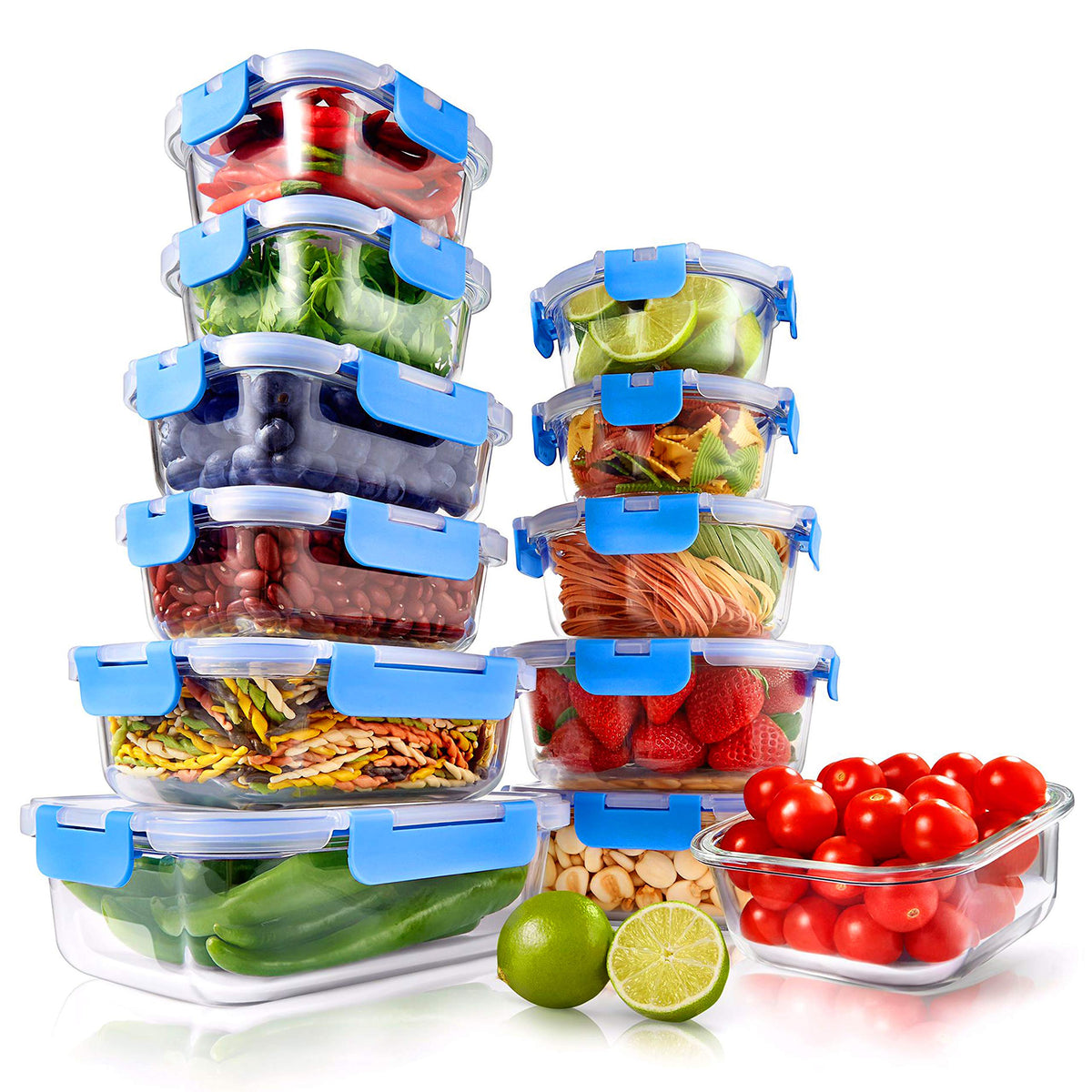 NutriChef front view showing blue hinged lids and full 24-piece set benefit easy identification