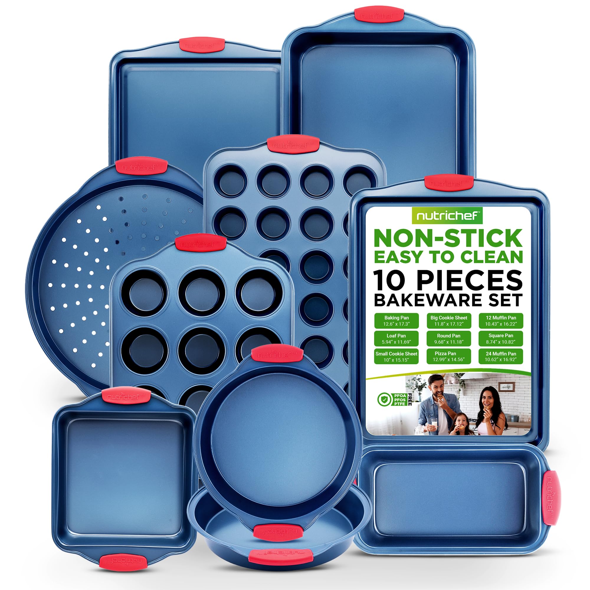 NutriChef front packaging showing the full 10-piece blue bakeware set and versatility