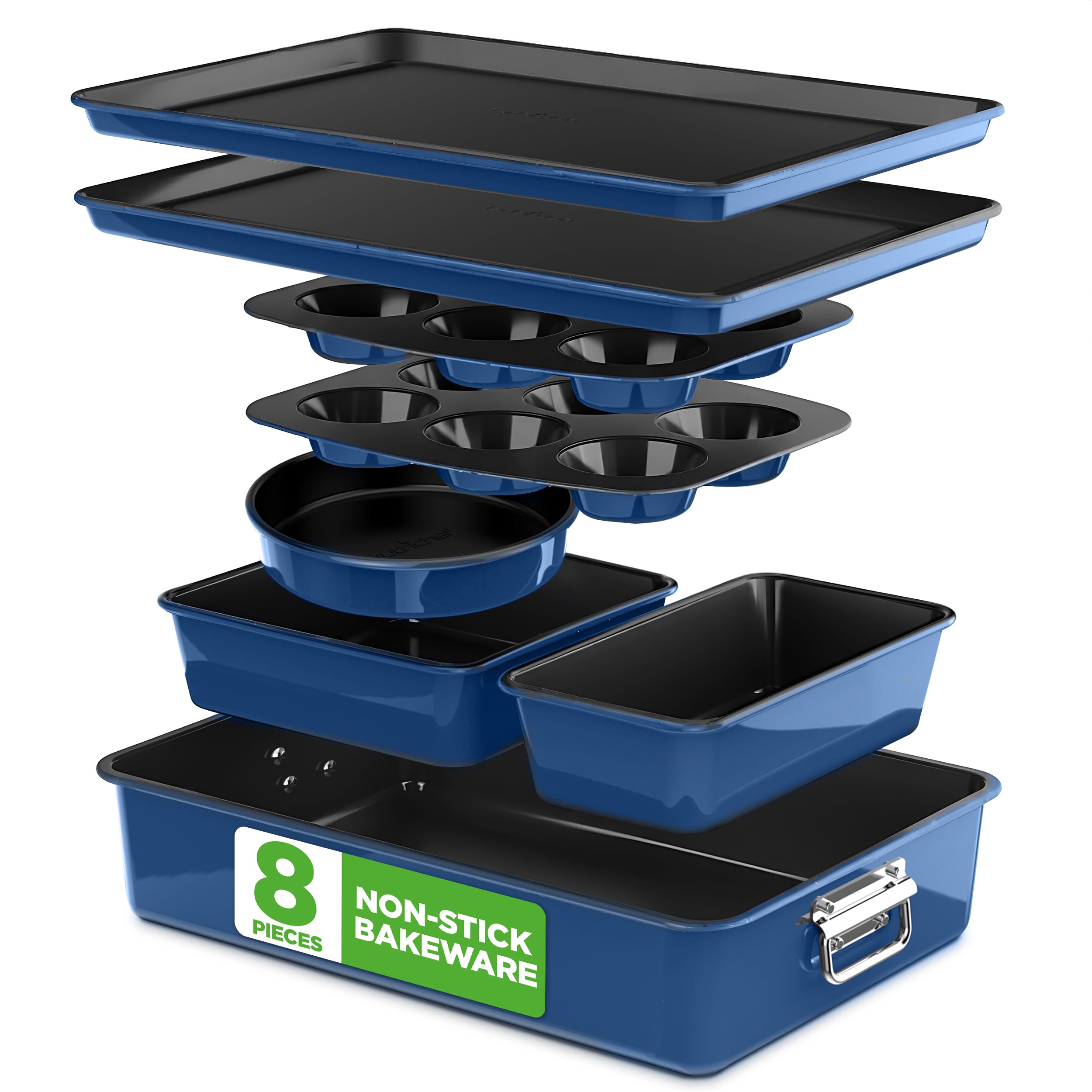 NutriChef blue 8-piece set front view showing all pans and organization benefit