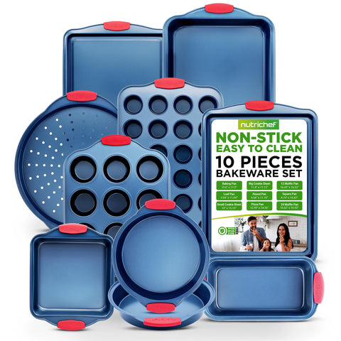NutriChef front packaging showing the full 10-piece blue bakeware set and versatility