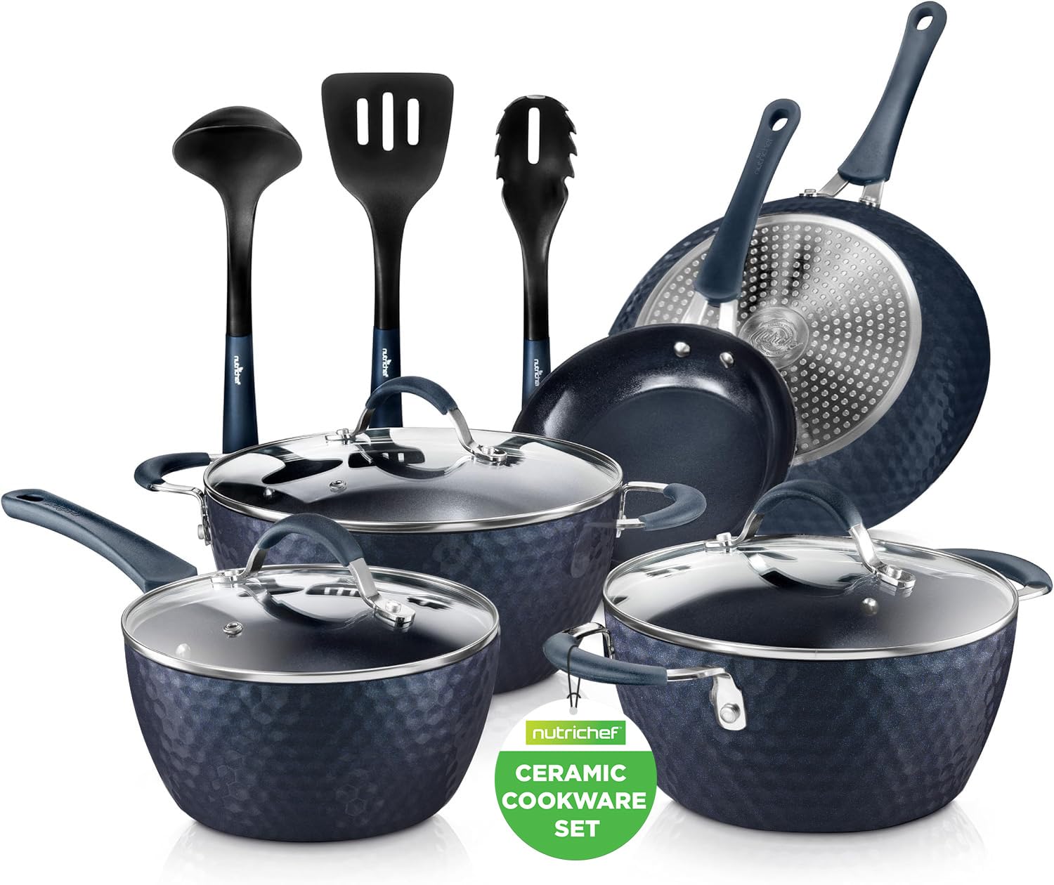 NutriChef front view of the diamond blue cookware set showing all pieces and value