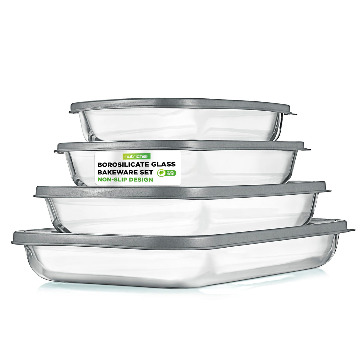 NutriChef front view of full glass bakeware set showing lids and benefits