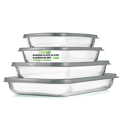 NutriChef front view of full glass bakeware set showing lids and benefits