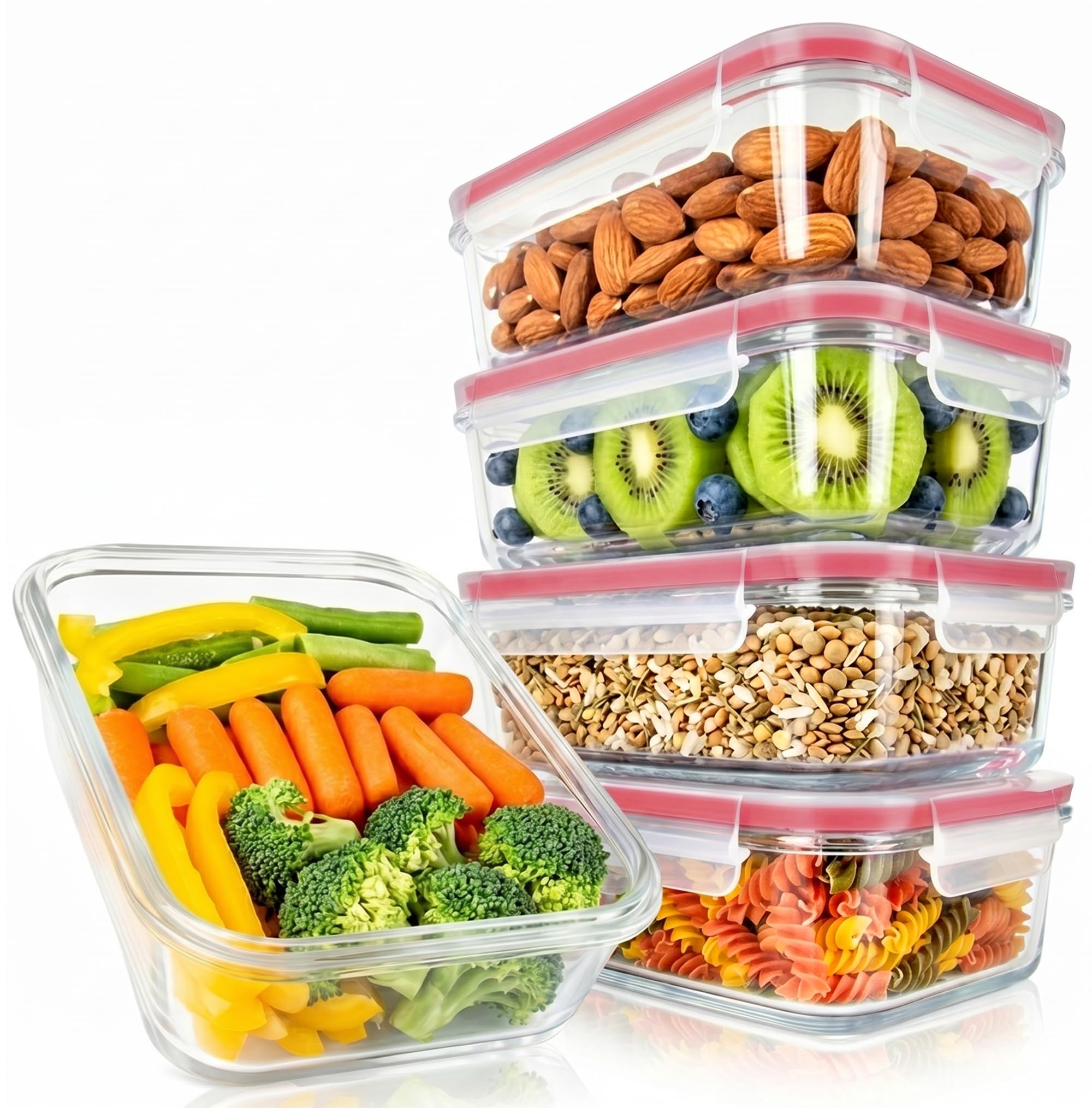 NutriChef front view of glass containers showing clear bowls and red-vent lids, practical storage