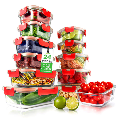 NutriChef front view of full 24-piece glass set showing organized benefits