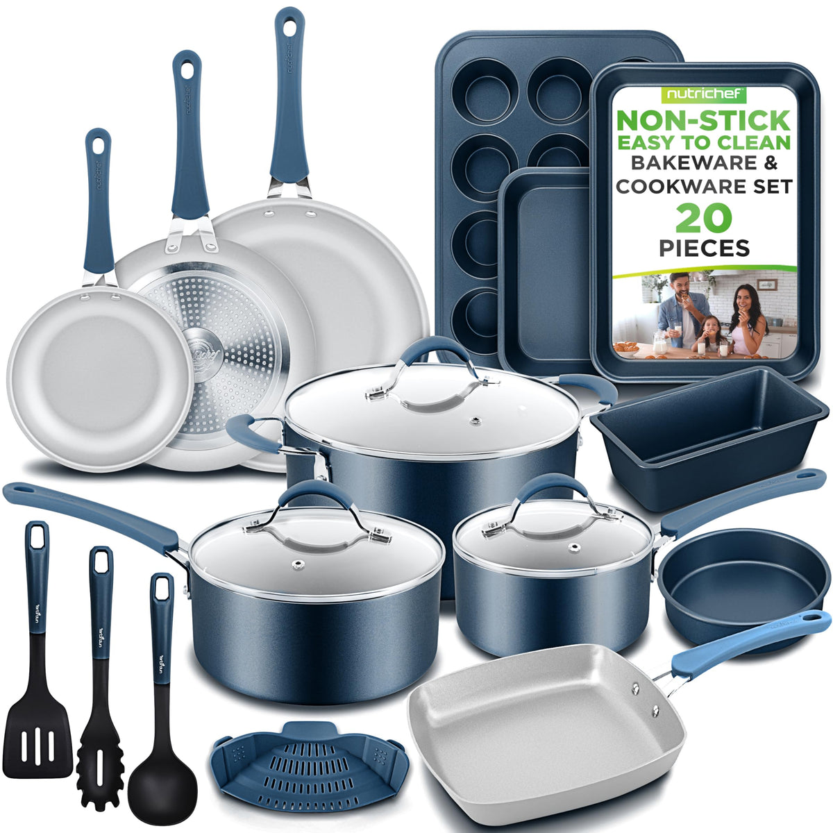 NutriChef front packaging of 20-piece set showing complete navy-blue collection and convenience