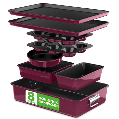 NutriChef front view of plum 8-piece kit showing included pans and neat organization benefit