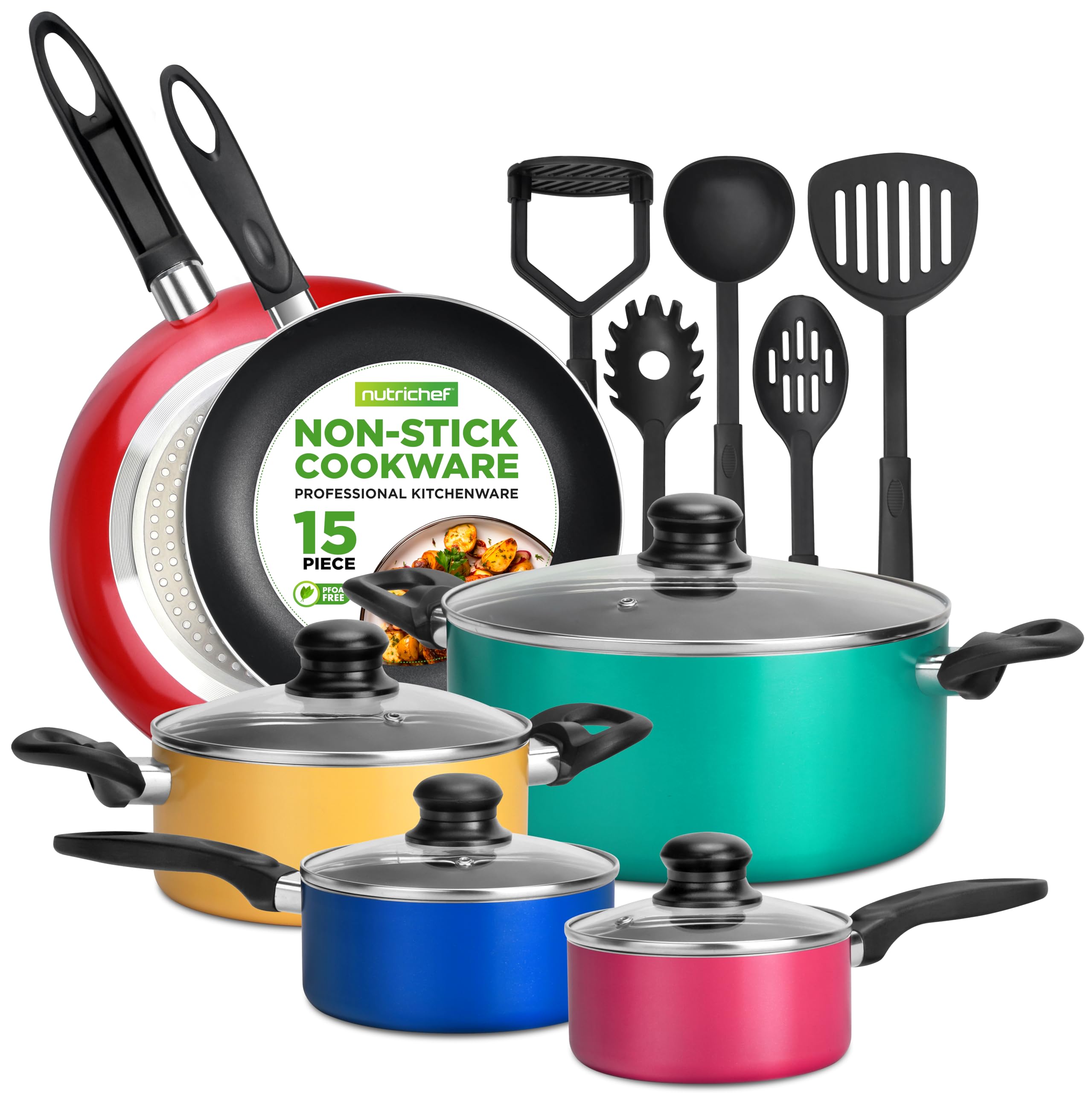 NutriChef front view of colorful cookware set showing full contents and benefits