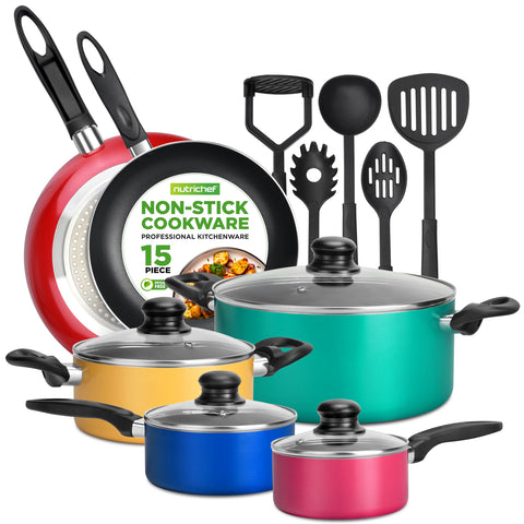NutriChef front view of colorful cookware set showing full contents and benefits