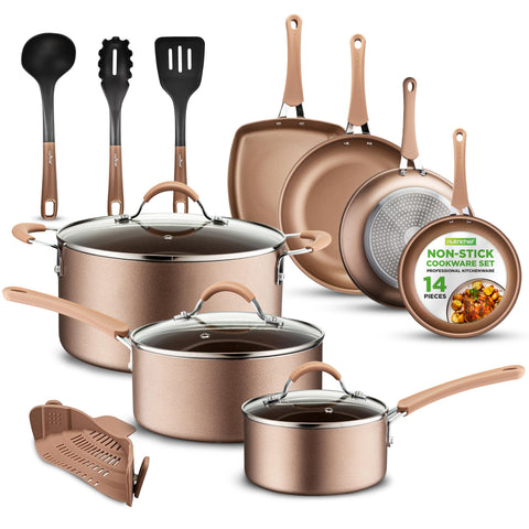 NutriChef full 14-piece set displayed neatly showing pots pans and lids — convenient organization