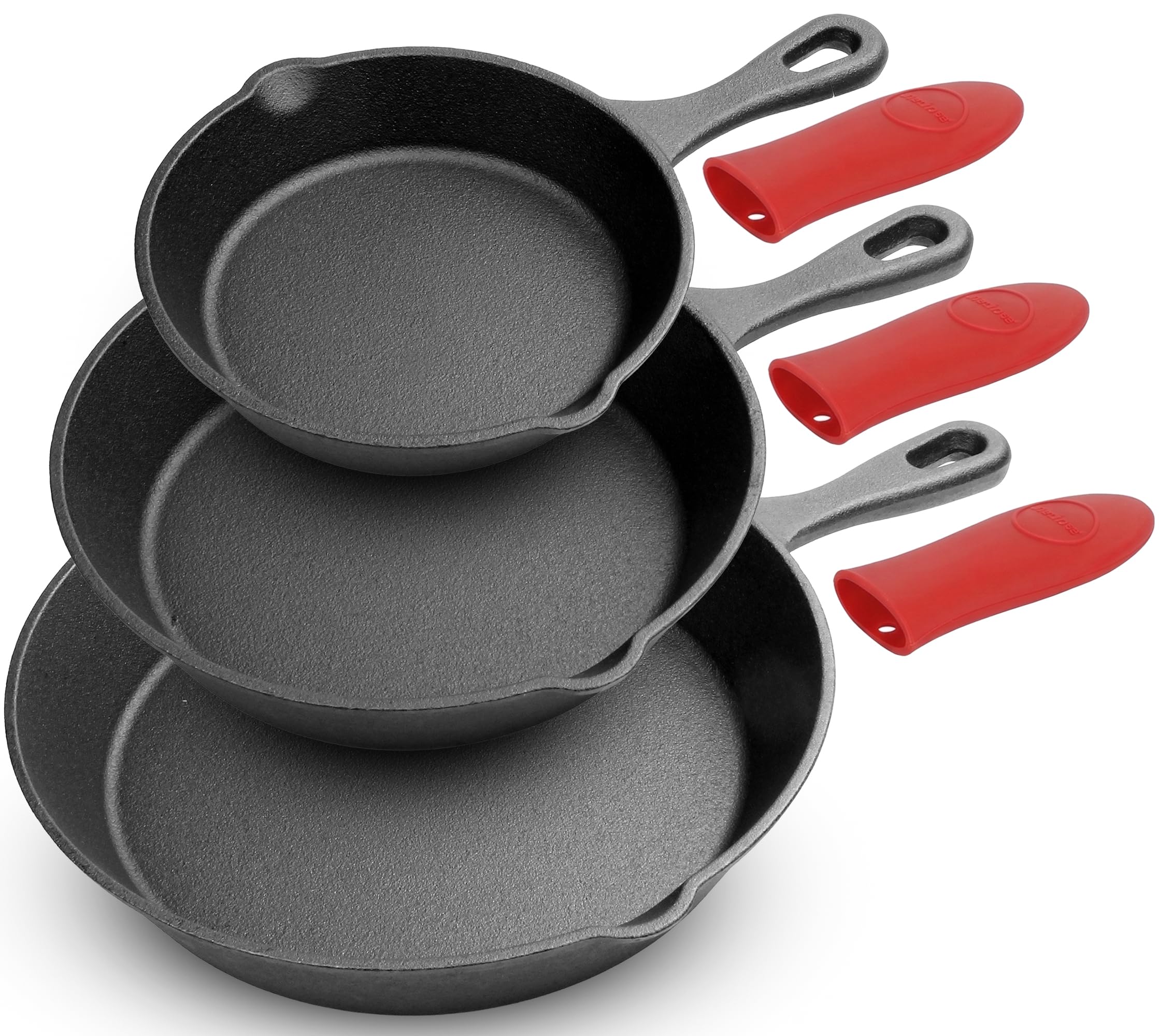 NutriChef front view of 3-piece skillet set showing sizes and packaging, highlights durability
