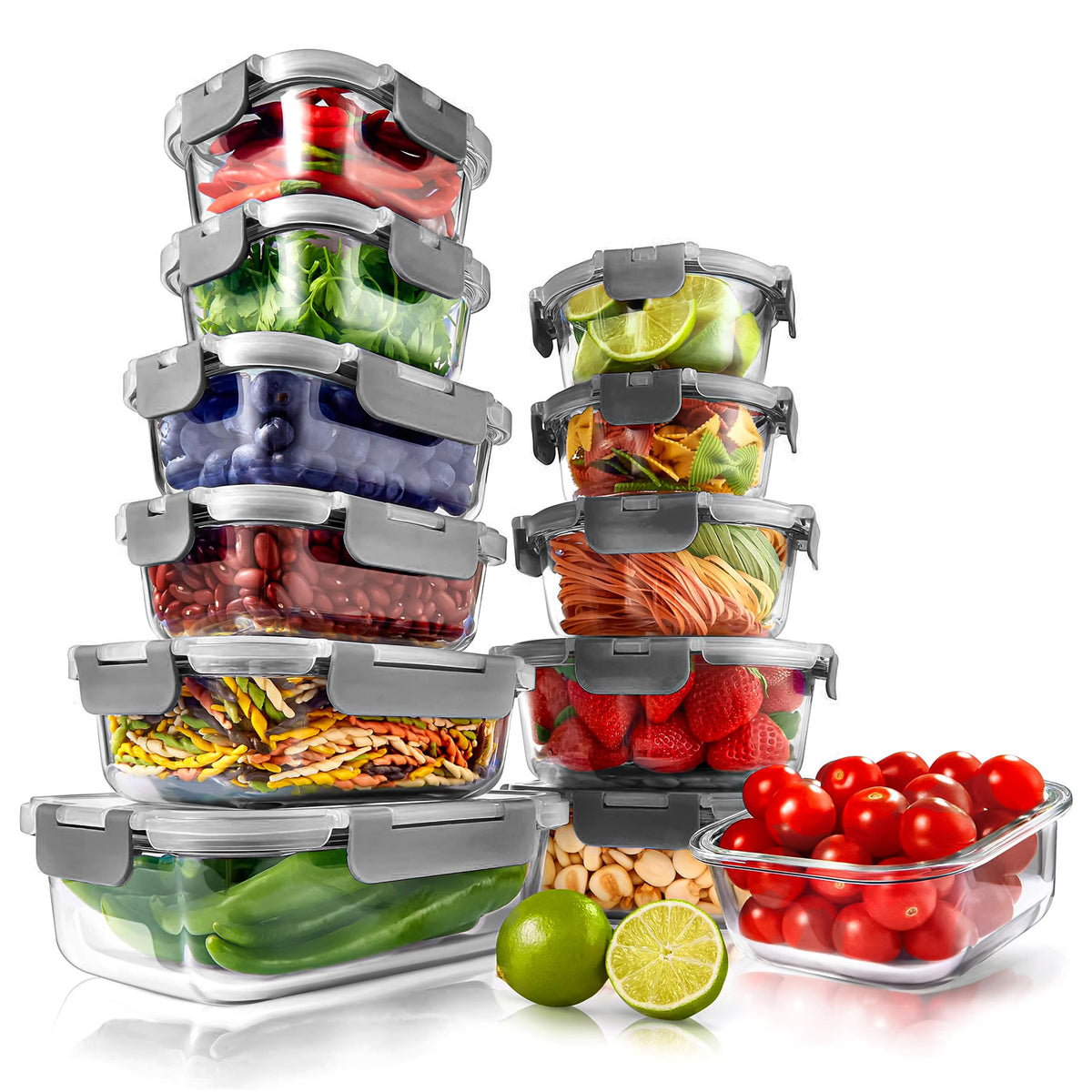 NutriChef front view of full 24-piece set showing containers and lids for easy storage