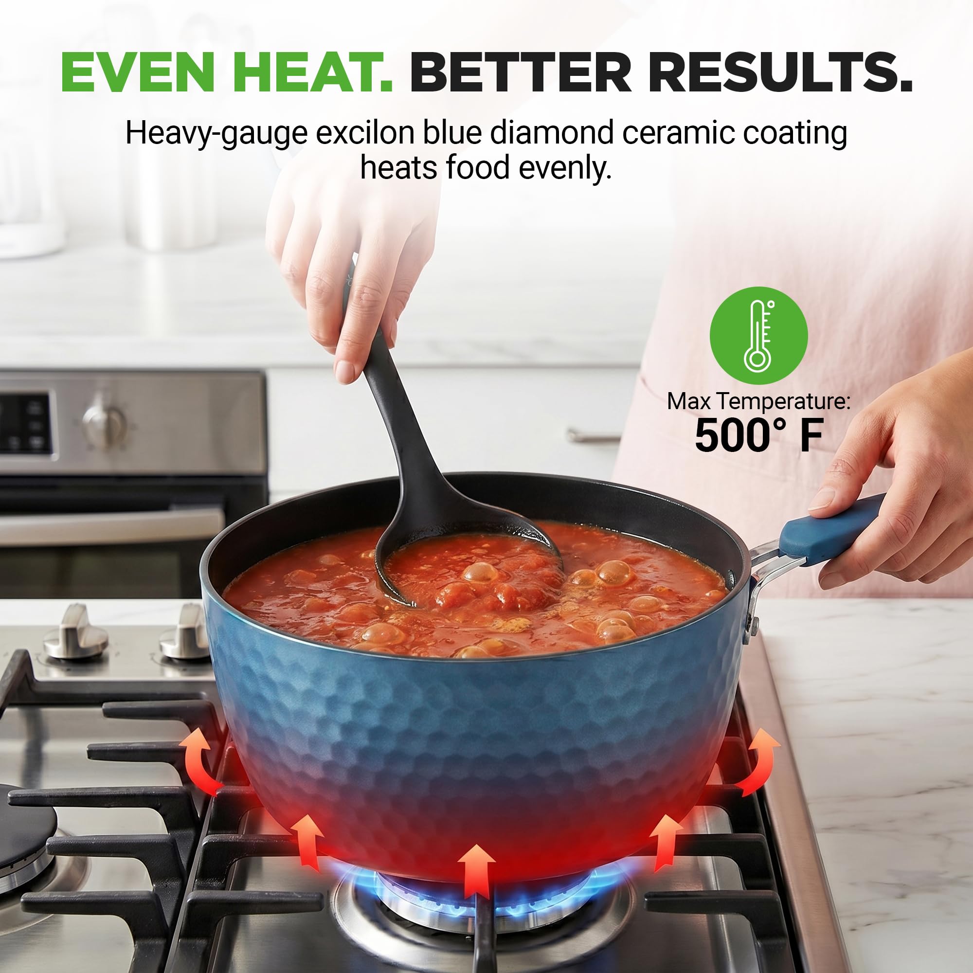 NutriChef fry pans on stovetop showing even heat distribution and searing