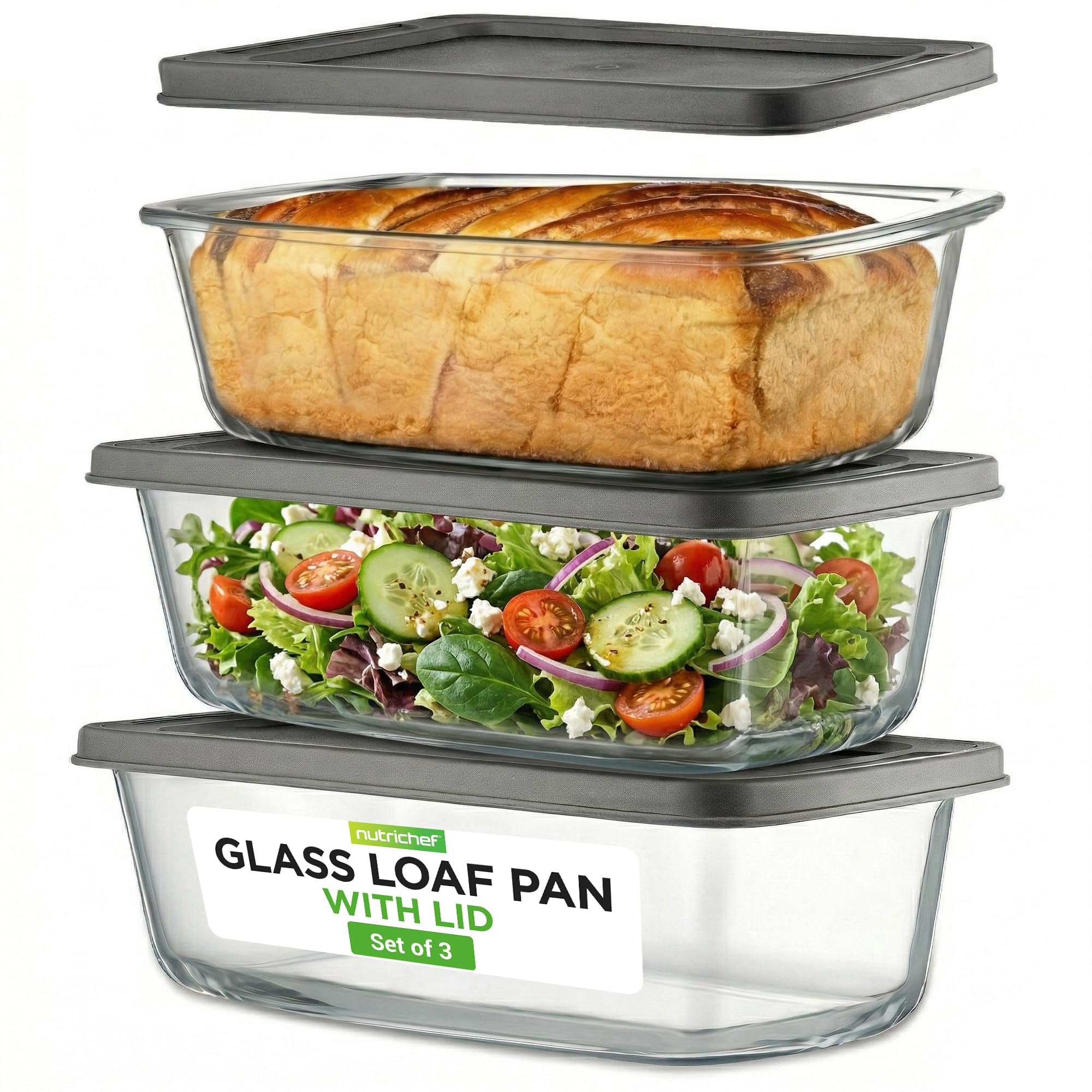 NutriChef front view of three clear loaf pans showing set and benefit of transparency