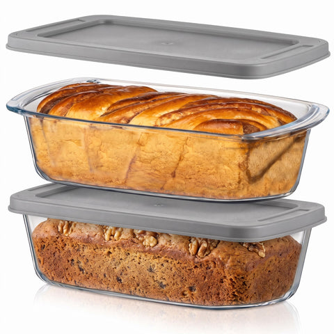 NutriChef front view of glass loaf pans showing clear durable construction and baking versatility