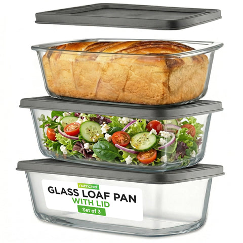 NutriChef front view of three clear loaf pans showing set and benefit of transparency