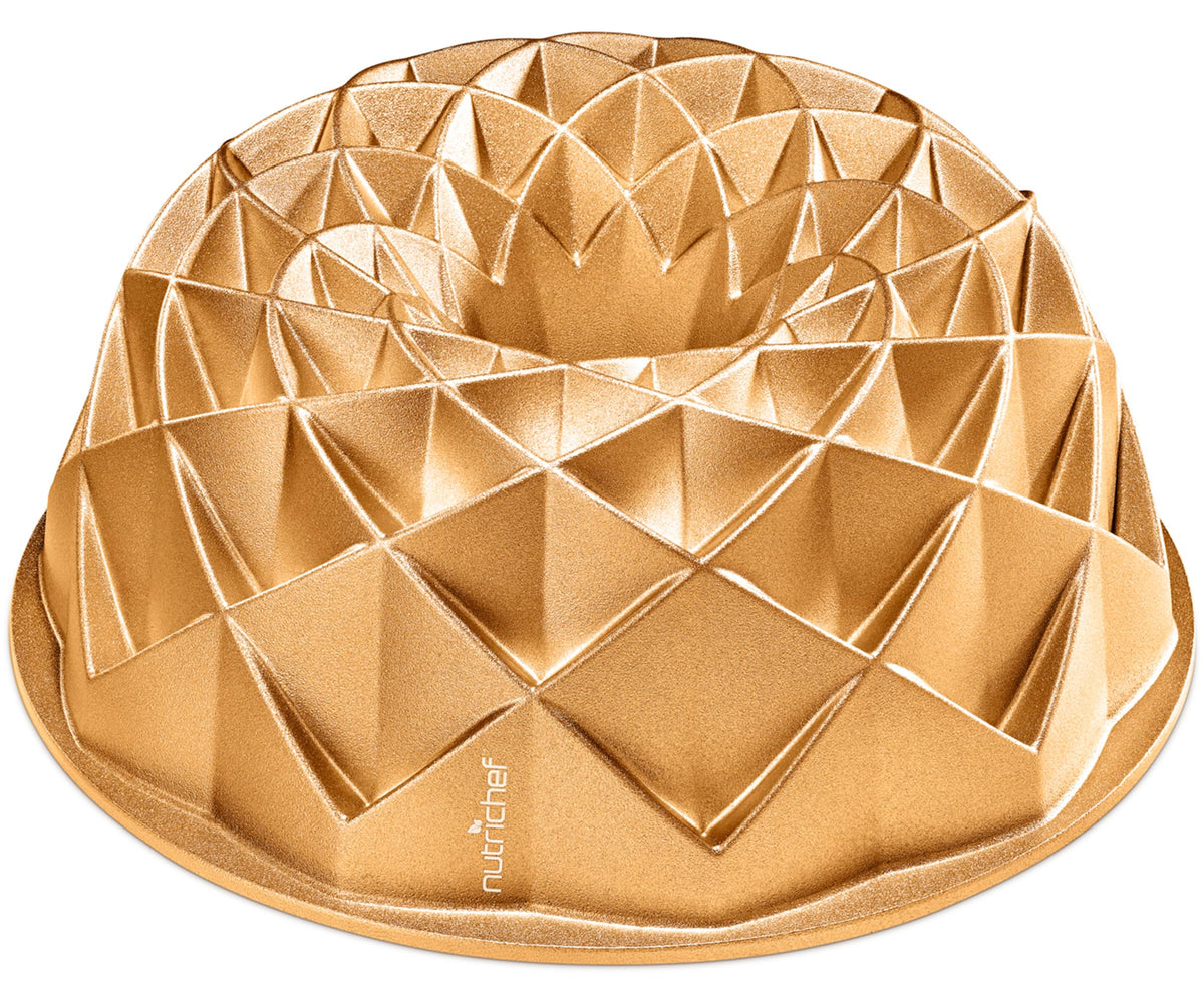 NutriChef gold cake pan front view showcasing wreath pattern and nonstick finish