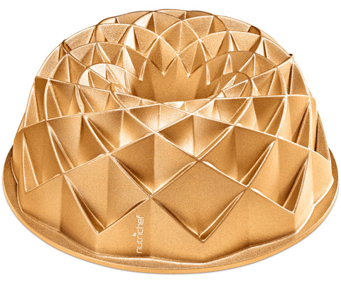 NutriChef gold cake pan front view showcasing wreath pattern and nonstick finish