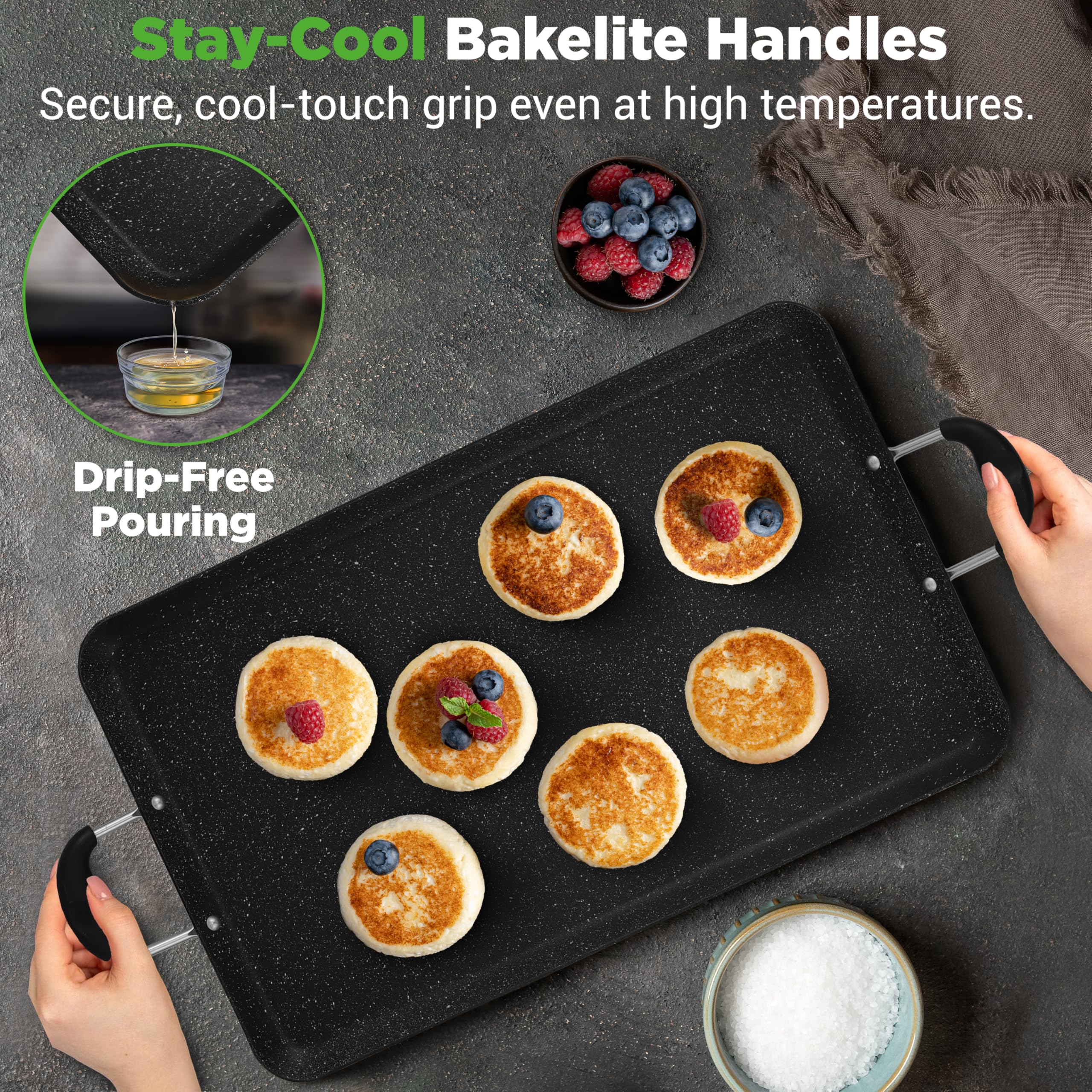 NutriChef griddle on gas stove cooking pancakes for even heating