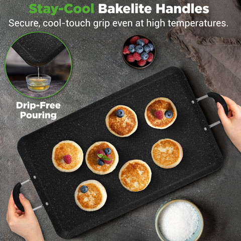NutriChef griddle on gas stove cooking pancakes for even heating