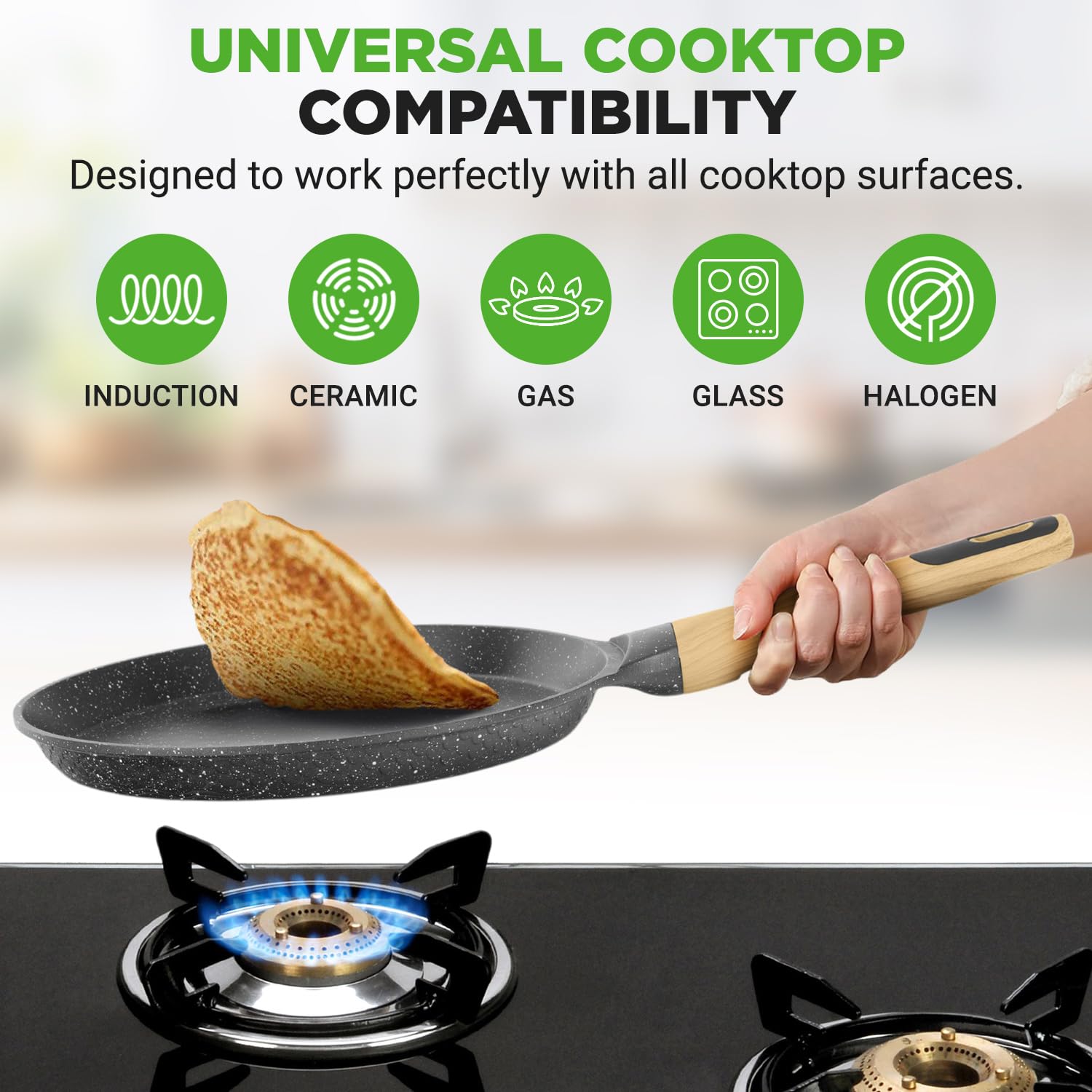 NutriChef in use making crepe on stovetop demonstrating quick, even browning