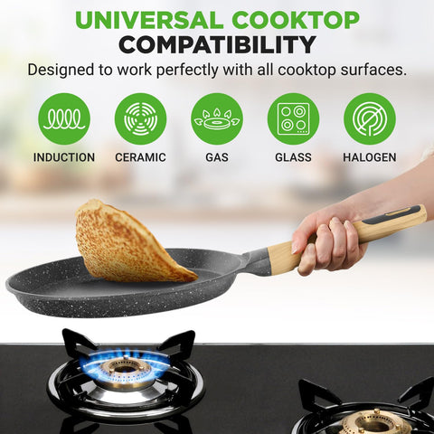 NutriChef in use making crepe on stovetop demonstrating quick, even browning