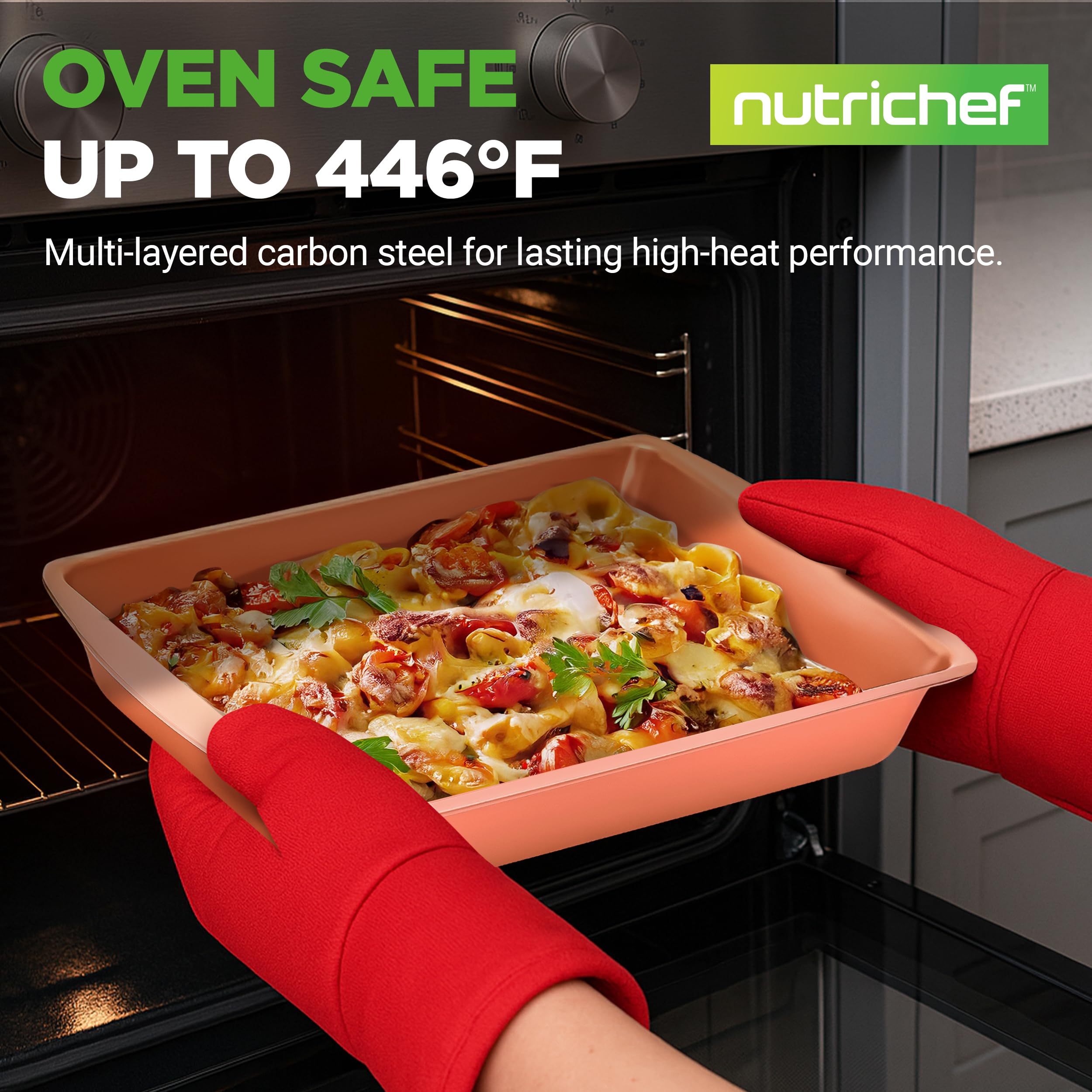 NutriChef large cookie sheet front view demonstrating roomy baking surface and even browning