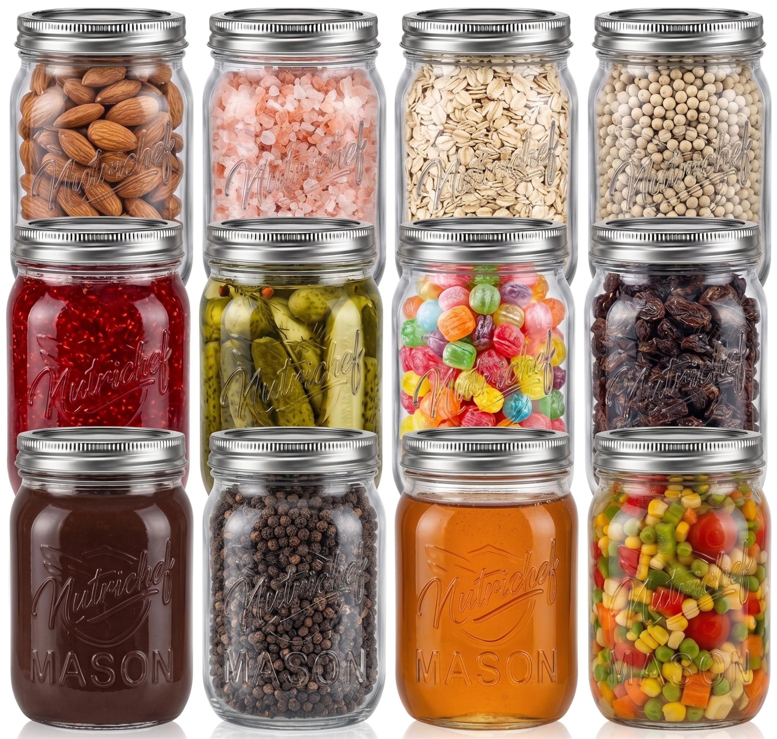 NutriChef front view of 12 mason jars showing uniform storage benefit