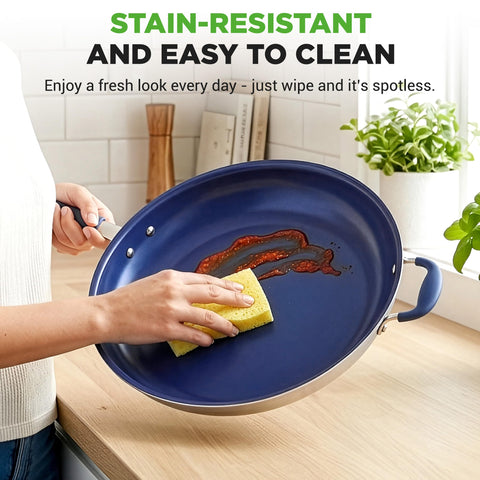NutriChef skillet in use on stovetop demonstrating even heat distribution and large capacity