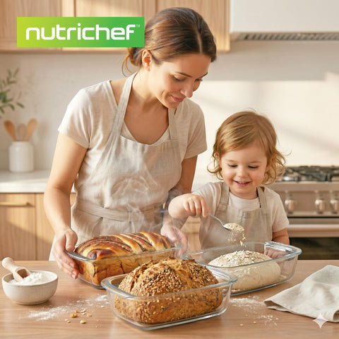 NutriChef loaf pan held in hand to show size and portioning benefit