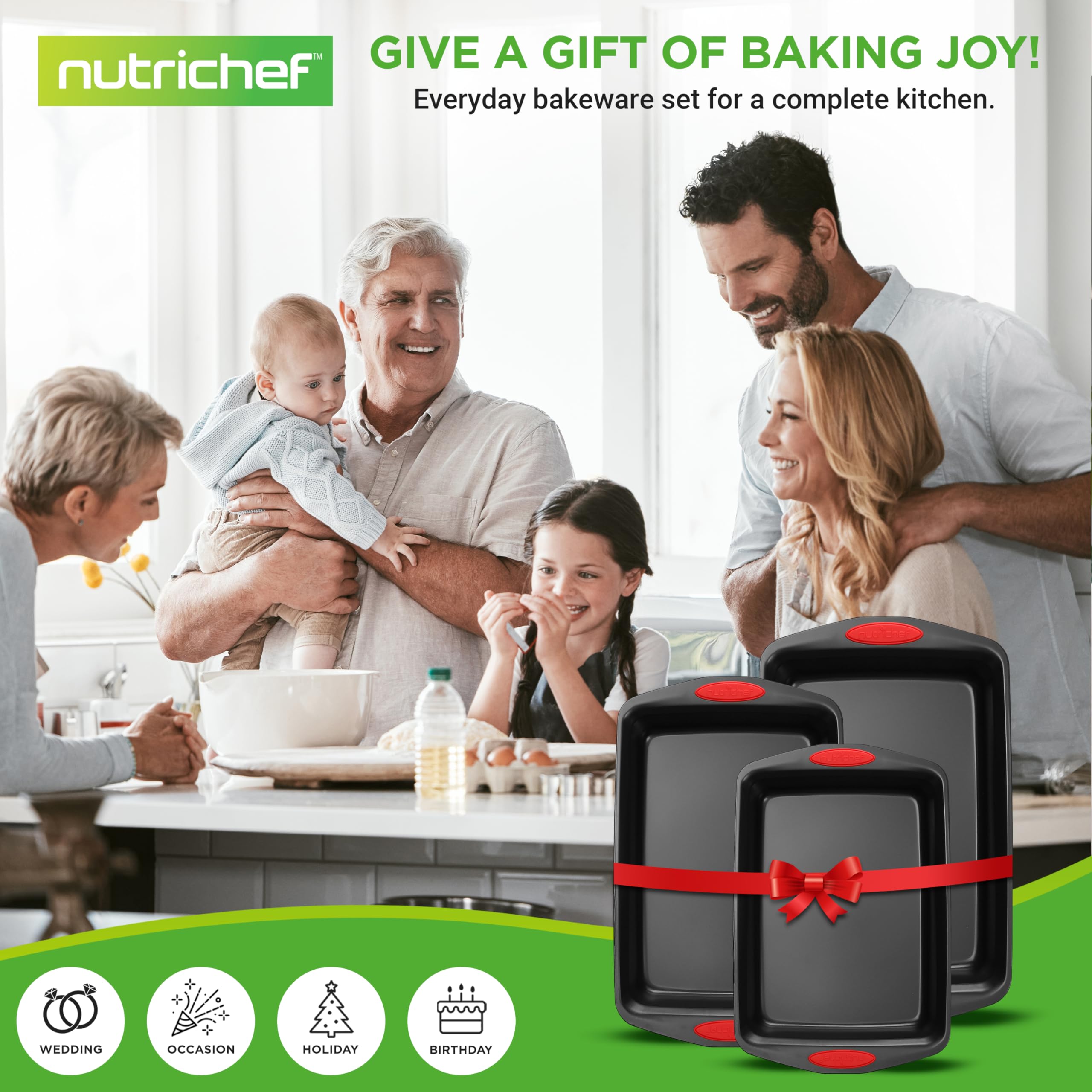 NutriChef pans beside ruler showing sizes for clear scale benefit