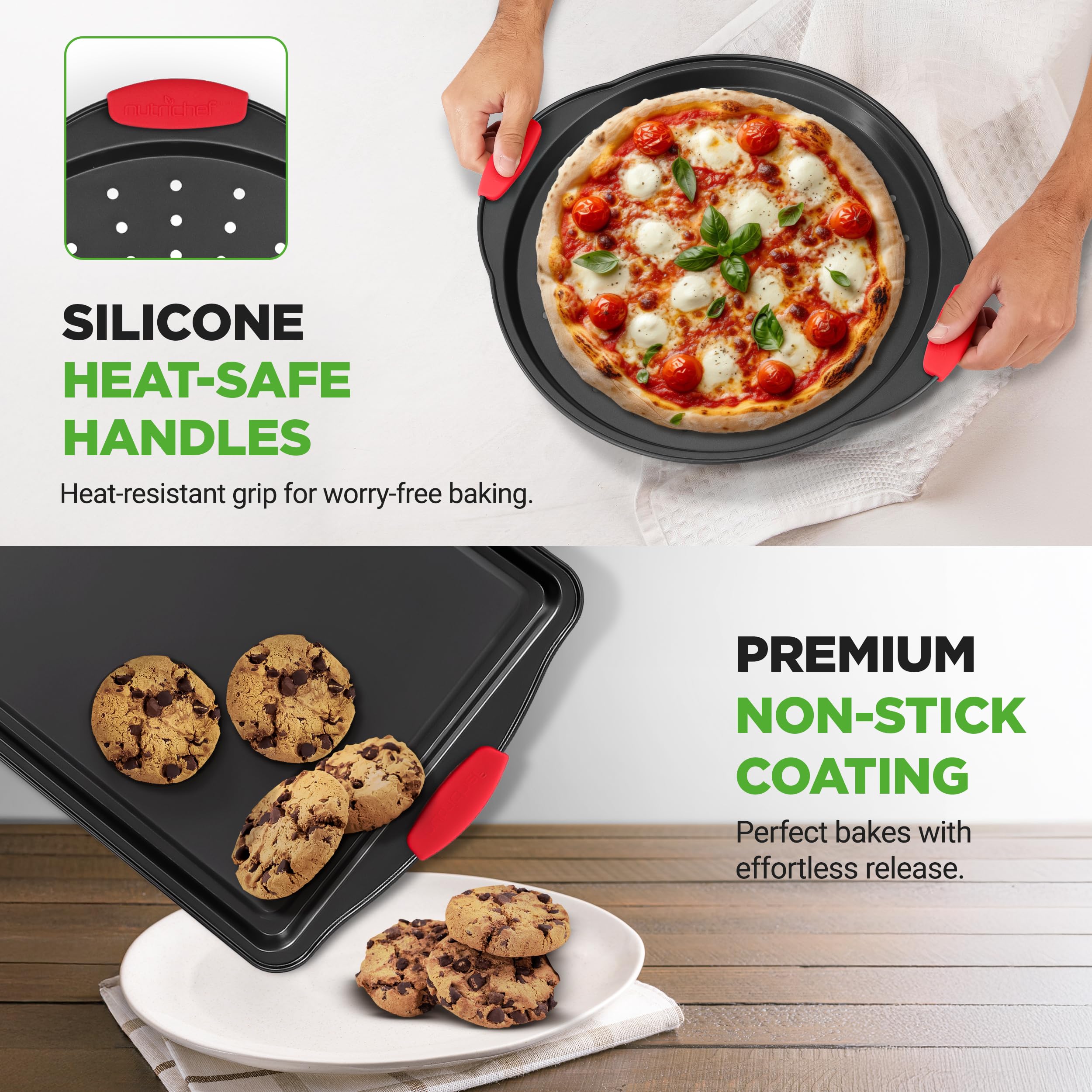 NutriChef pizza pan with homemade pizza for even crisping