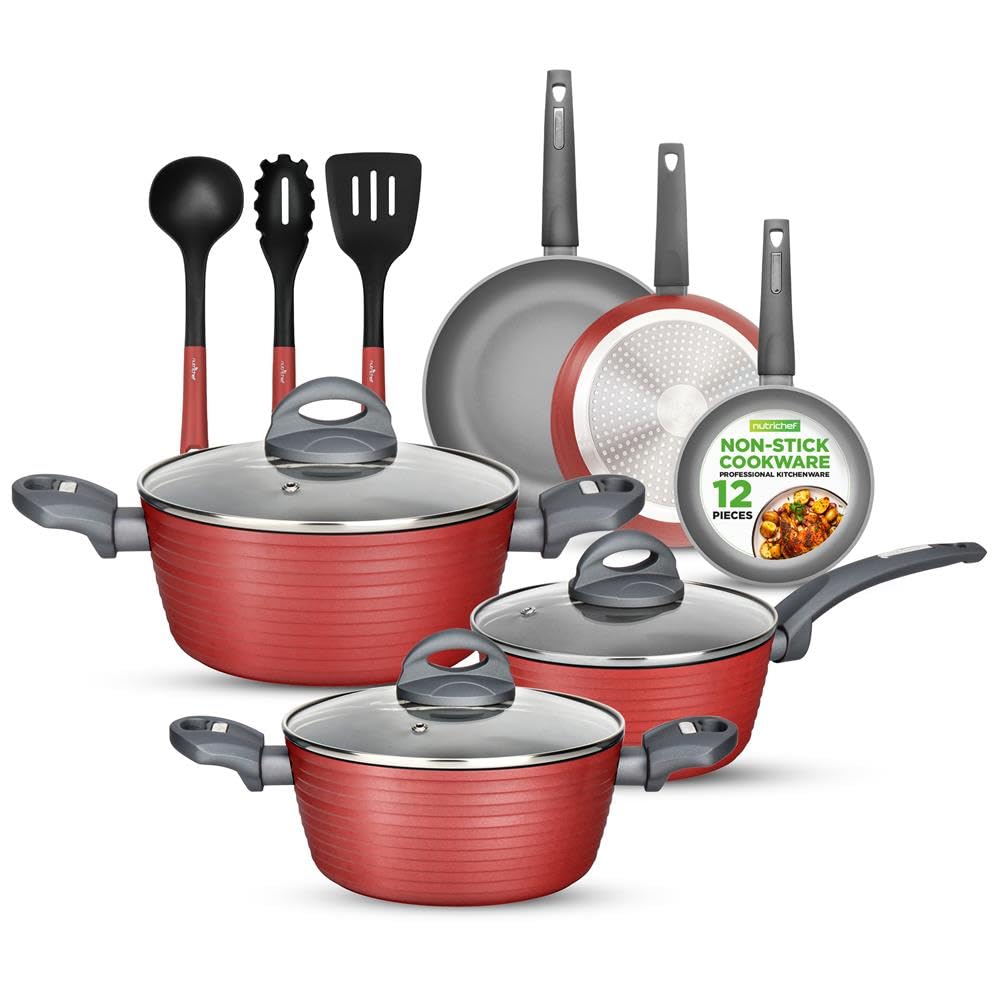 NutriChef red set front packaging showing all pieces and cohesive design benefits